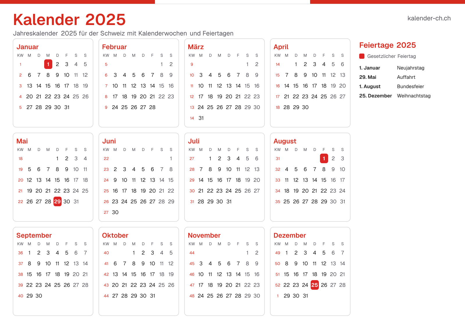 Kalender 2025 mit Kalenderwochen und Feiertagen
