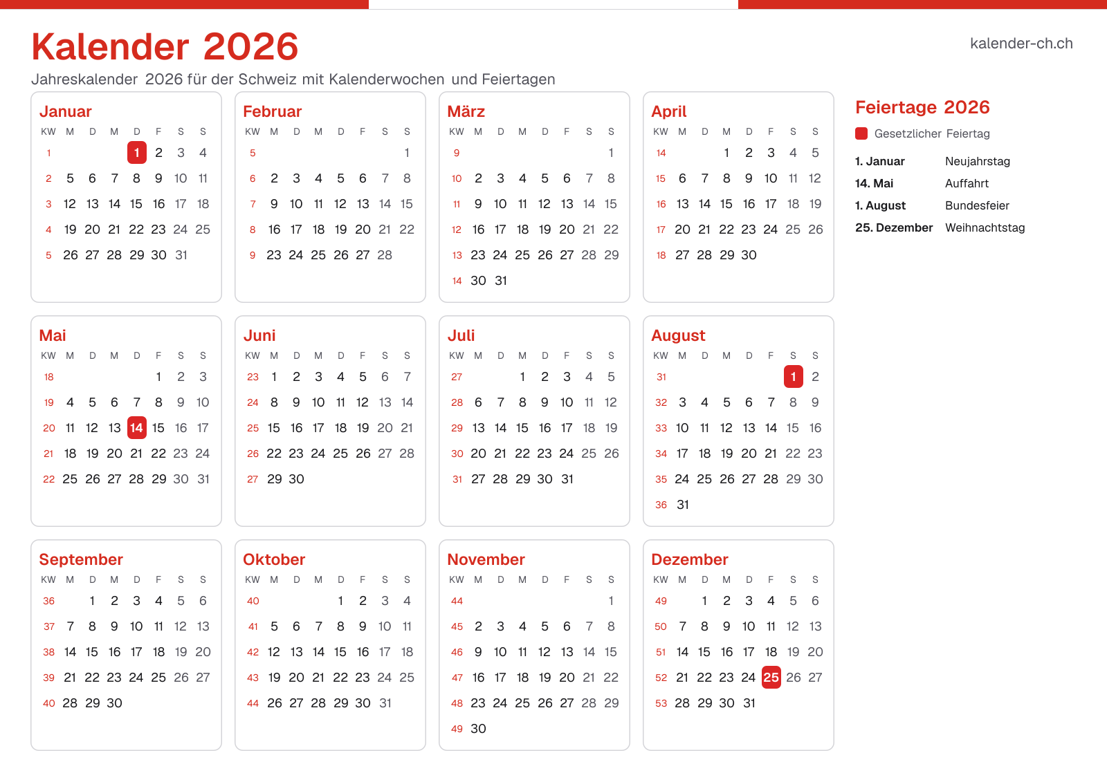 Kalender 2026 mit Kalenderwochen und Feiertagen