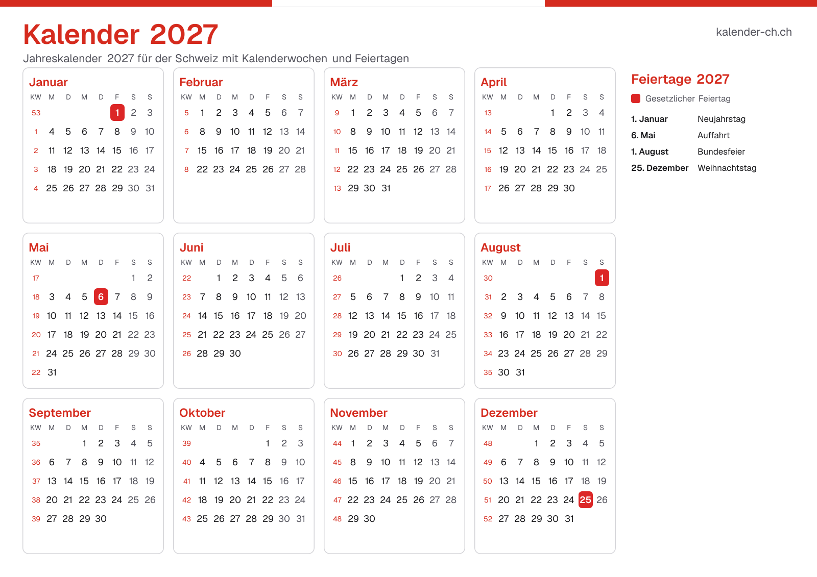 Kalender 2027 mit Kalenderwochen und Feiertagen