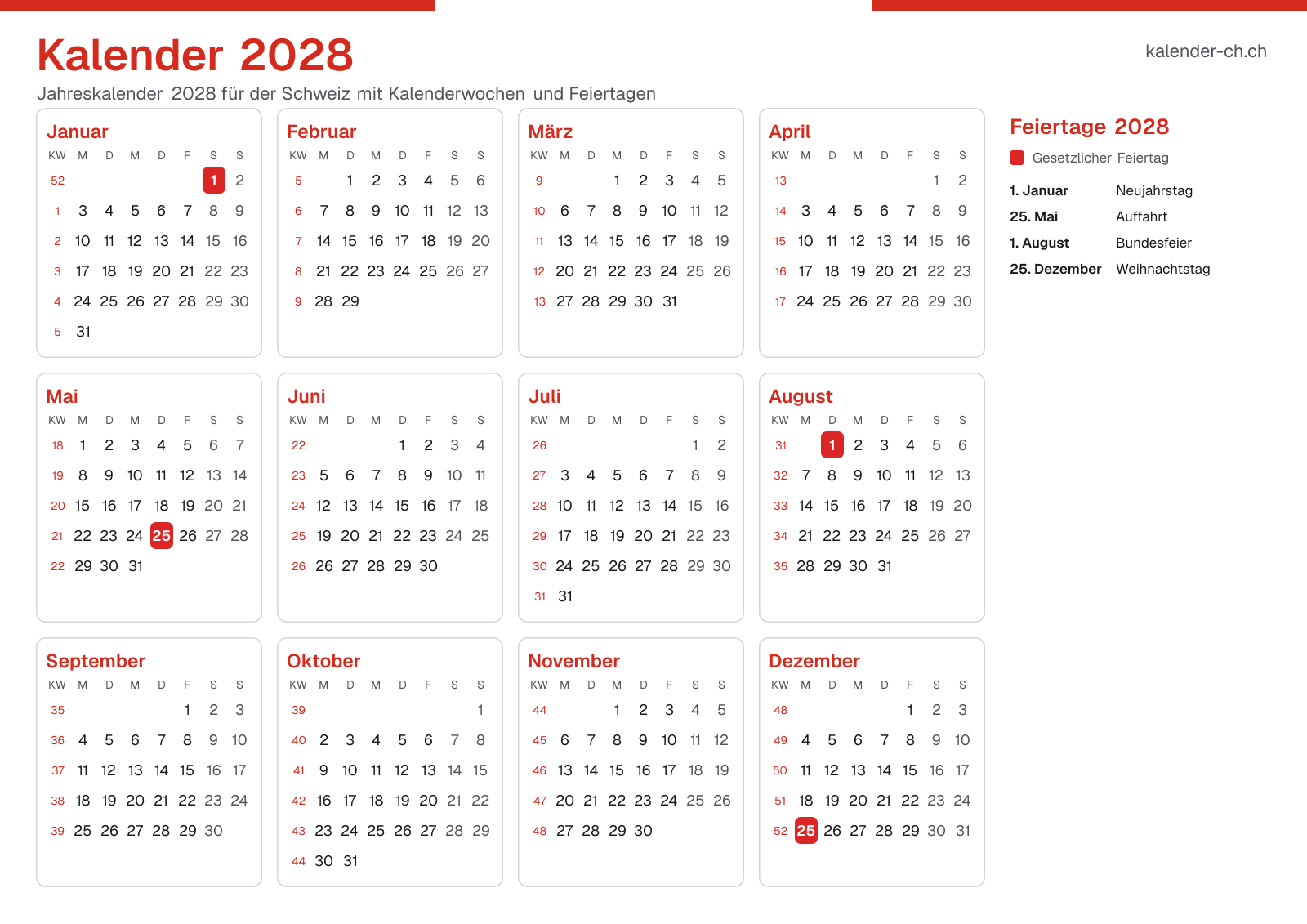 Kalender 2028 mit Kalenderwochen und Feiertagen