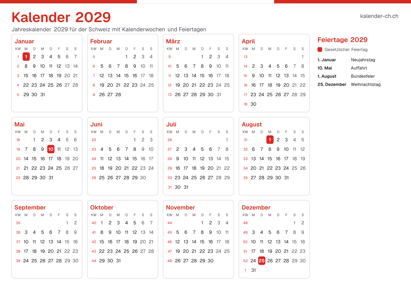 Kalender 2029 mit Kalenderwochen und Feiertagen