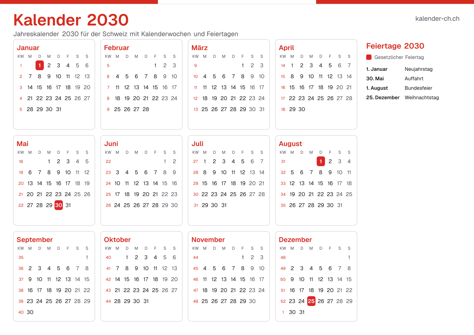 Kalender 2030 mit Kalenderwochen und Feiertagen