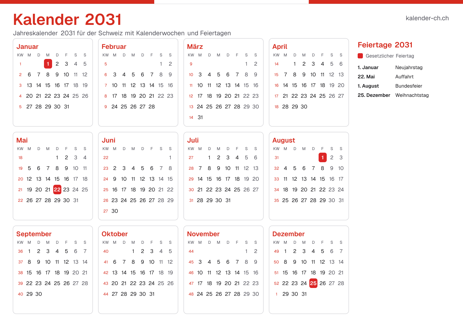 Kalender 2031 mit Kalenderwochen und Feiertagen